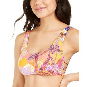 Hula Honey Juniors' Palm Printed Side-Knot Bralette Bikini Top (Turmeric Multi,